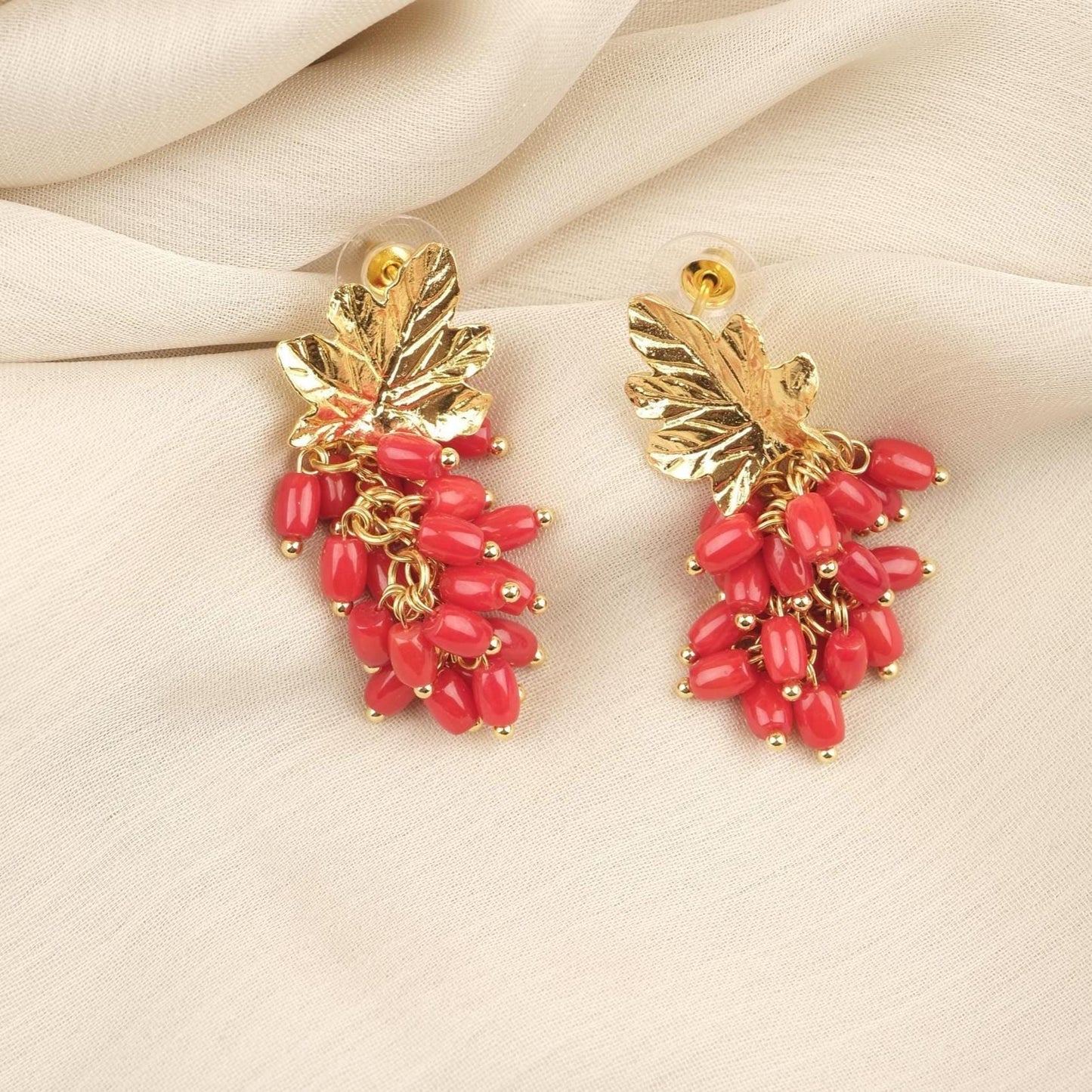 Handmade Genuine Coral Grape Earrings , October Birthstone, Exotic Nature Inspired Studs, Elegant And Artistic Statement Jewelry Design Gift