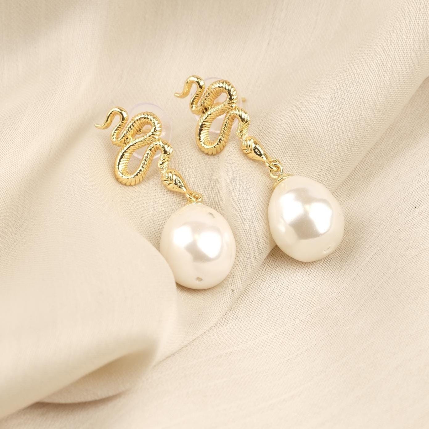 Handmade Pearl Snake Stud Earrings, Gold Plate Serpent Design with Faux Pearl Drop, Statement Earrings, Artistic & Antique Looking Style
