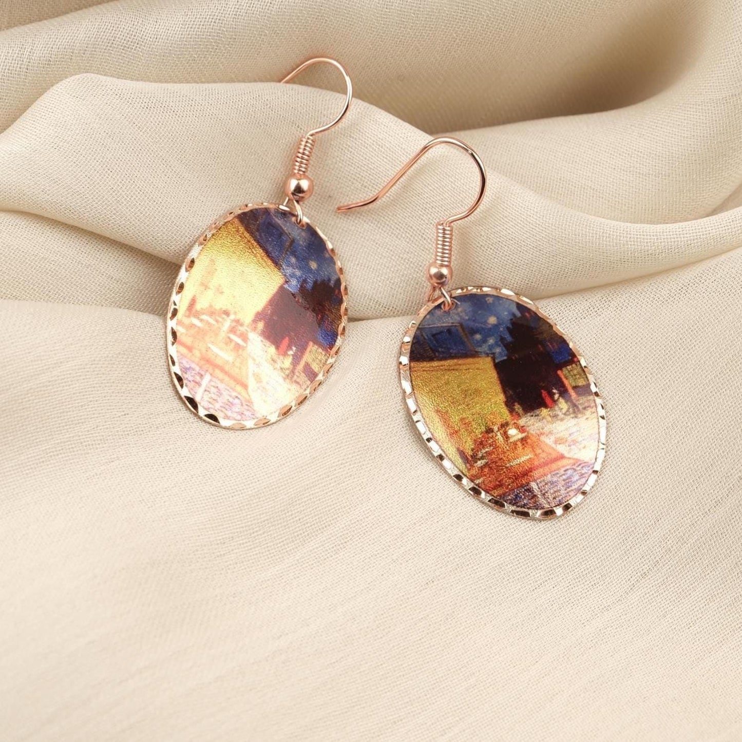 Vincent van Gogh “Café Terrace at Night” Dangle Earrings in Pure Copper, Artistic Design | Handmade Vintage Style, Antique Looking Gift