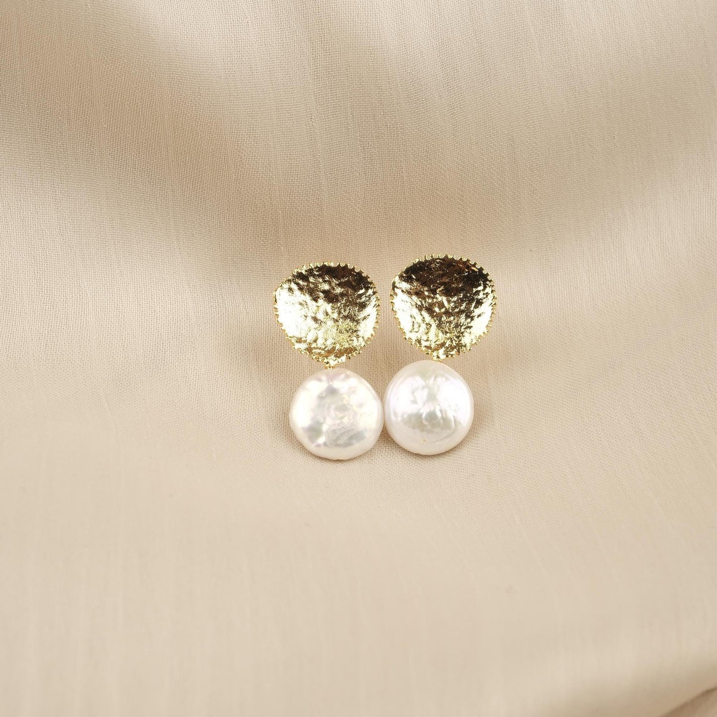 Handmade Gold Plated Stud Earrings with Genuine Freshwater Pearl, Antique Looking Dome Design, Elegant Artistic Minimal Jewelry Gift for her