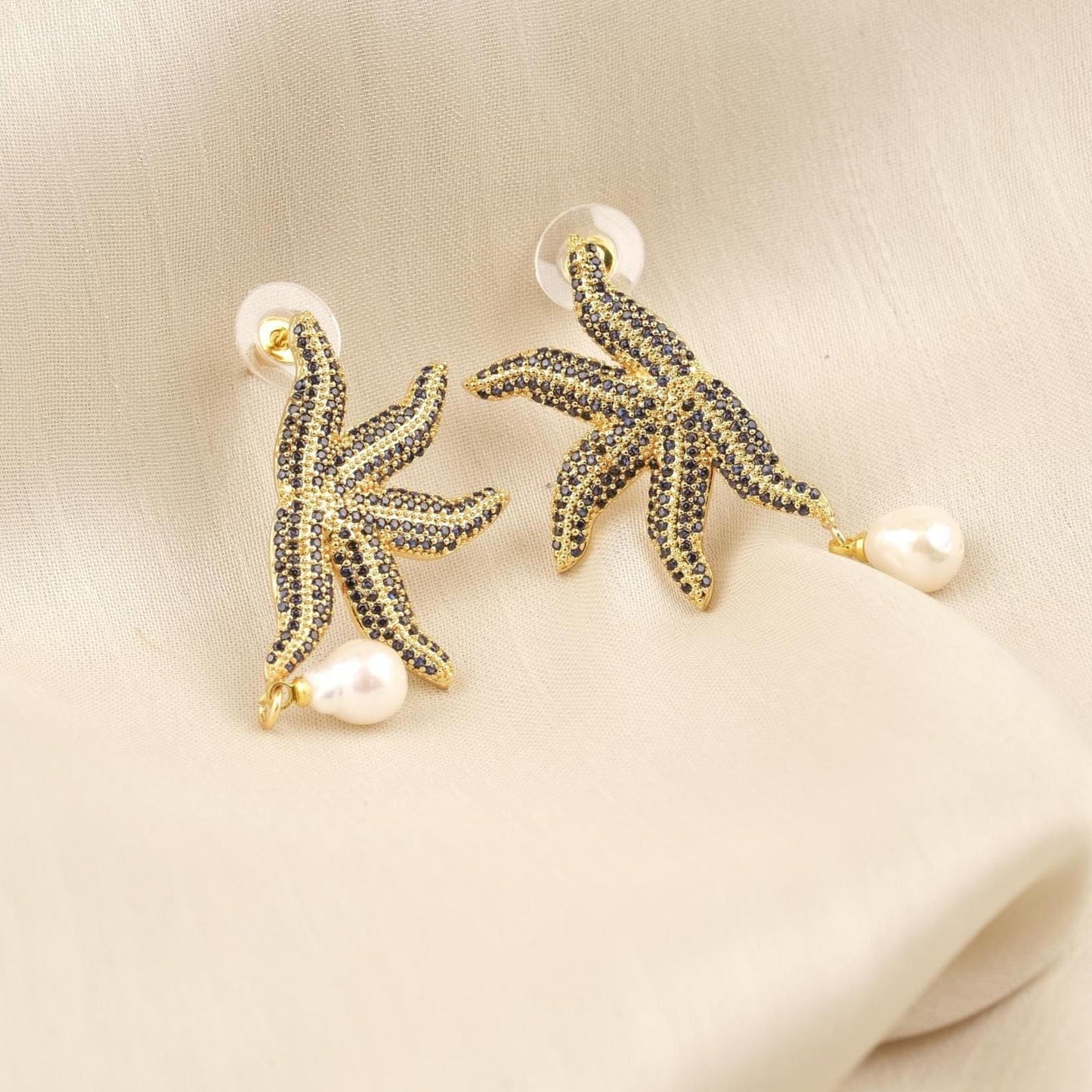 Handmade Real Pearl & Starfish Stud Earrings with Genuine Freshwater Pearl, Light Artistic Ocean-Inspired Design, Elegant Marine Style Gift