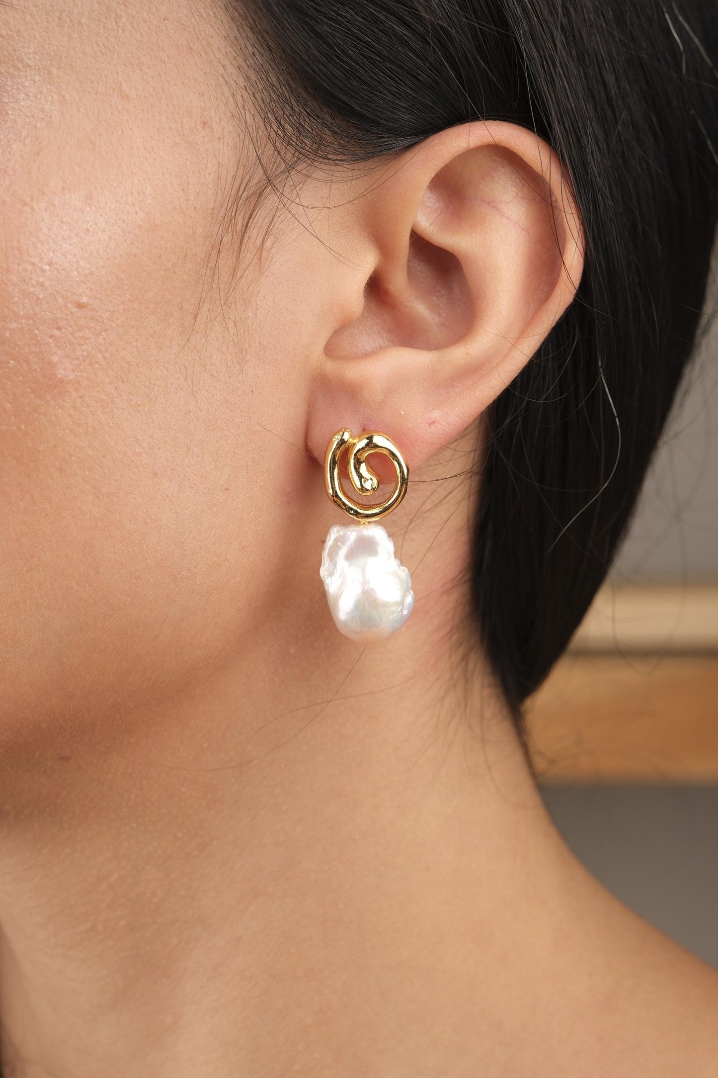 Handmade Genuine Pearl Abstract Modern Earrings, Artistic Gold Plated Studs, Unique Organic Baroque Design For Elegant Statement Style