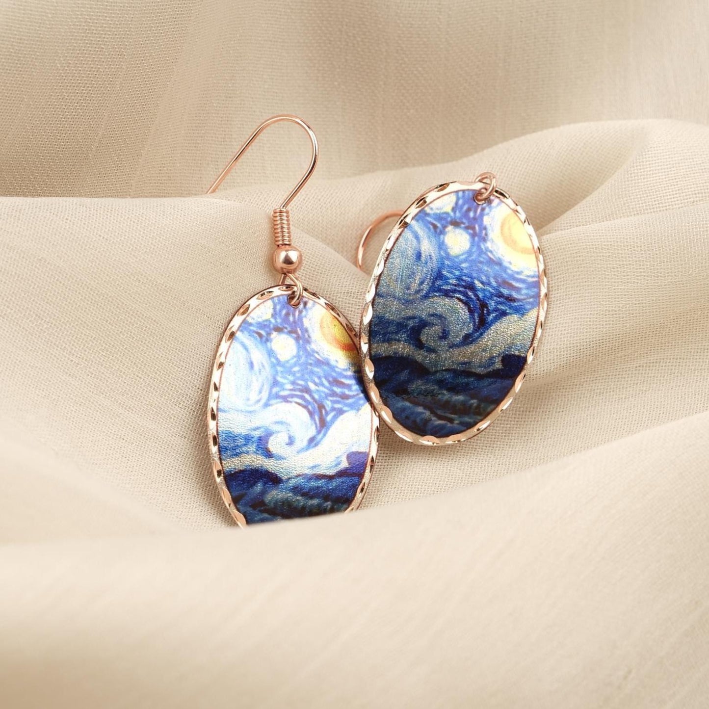 Vincent van Gogh “The Starry Night” Dangle Earrings in Pure Copper, Artistic Design | Handmade Vintage Style, Antique Looking Gift