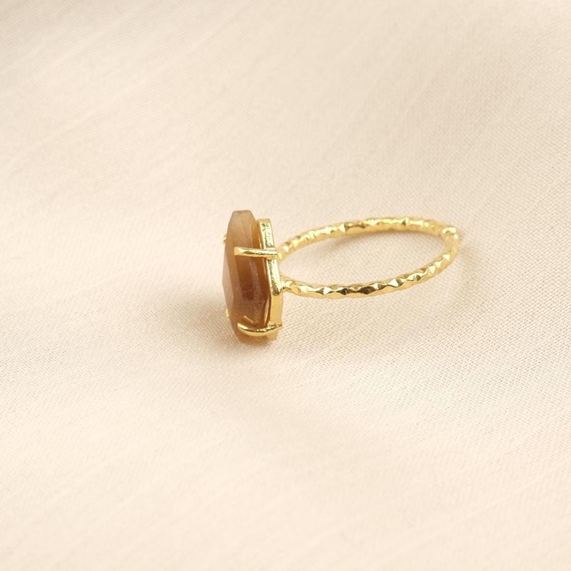 Handmade Diamond Ring, Drop Style Antique Looking And Vintage Style Gold Plated Adjustable , Green Gemstone Elegant Artisan Crafted Ring