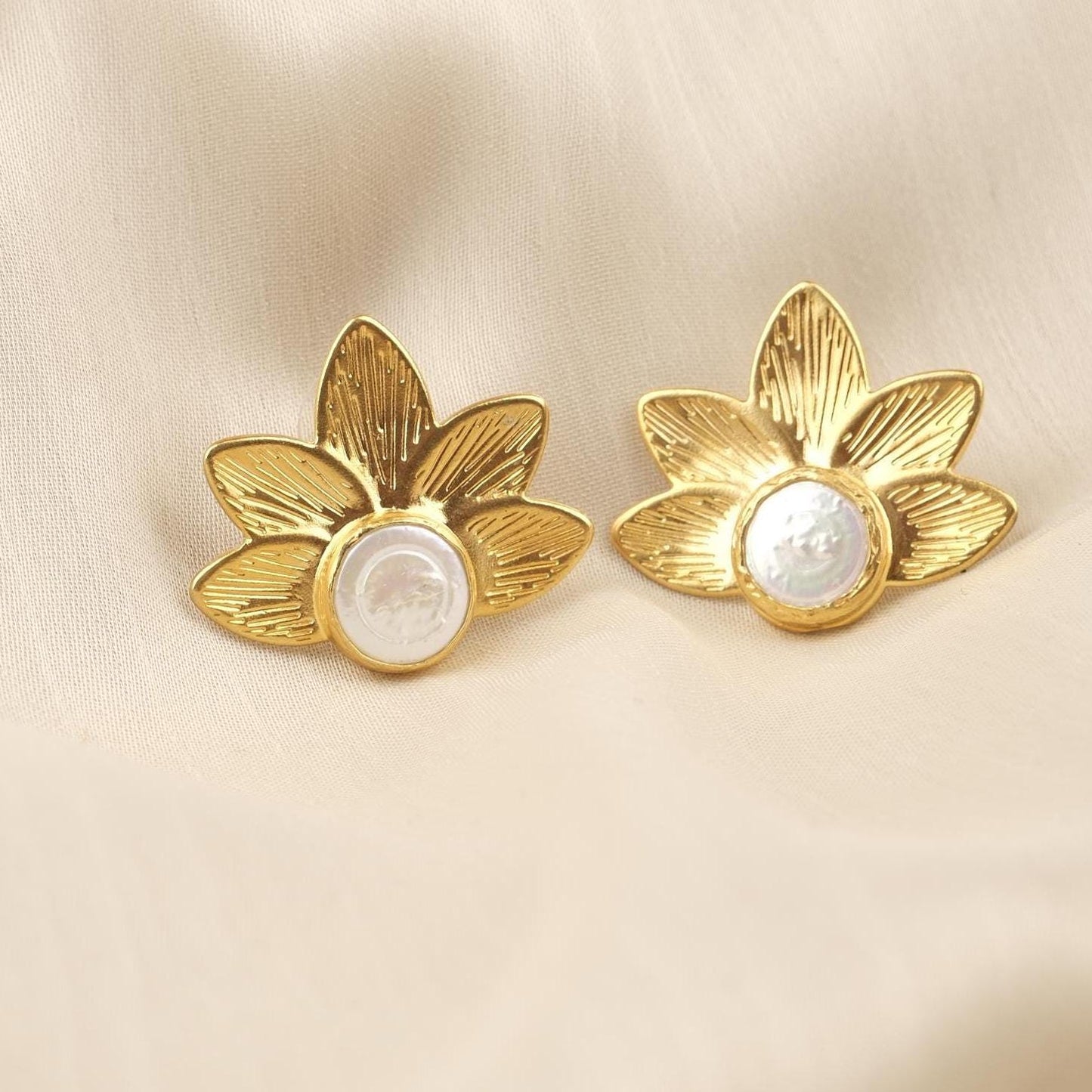Handmade Real Pearl Lotus Flower Stud Earrings with Genuine Freshwater Pearl, Unique Zen Mode Jewelry, Antique Looking Nature-Inspired Gift