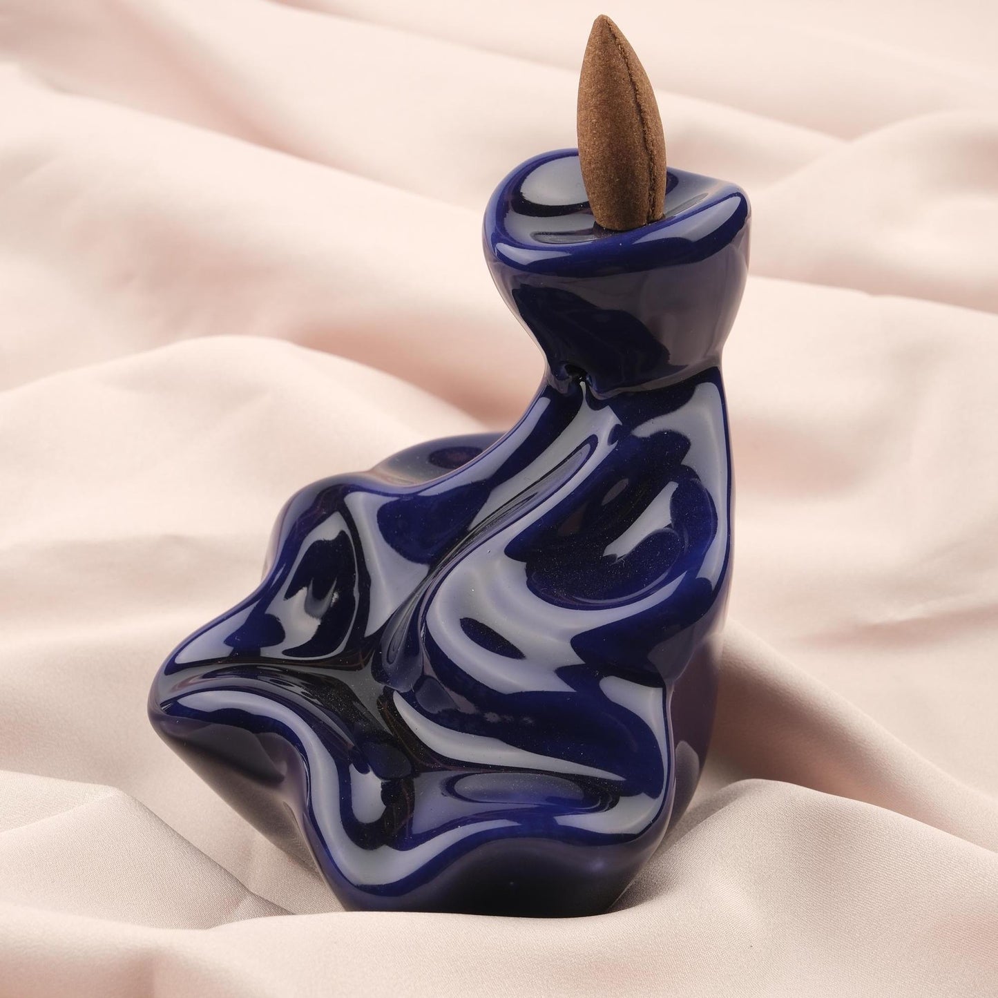 Abstract Backflow Incense Burner | 14 cm / 5.5 in | Modern Resin Smoke Fountain, Minimalist Spiritual Decor, Meditation Gift, Navy Blue