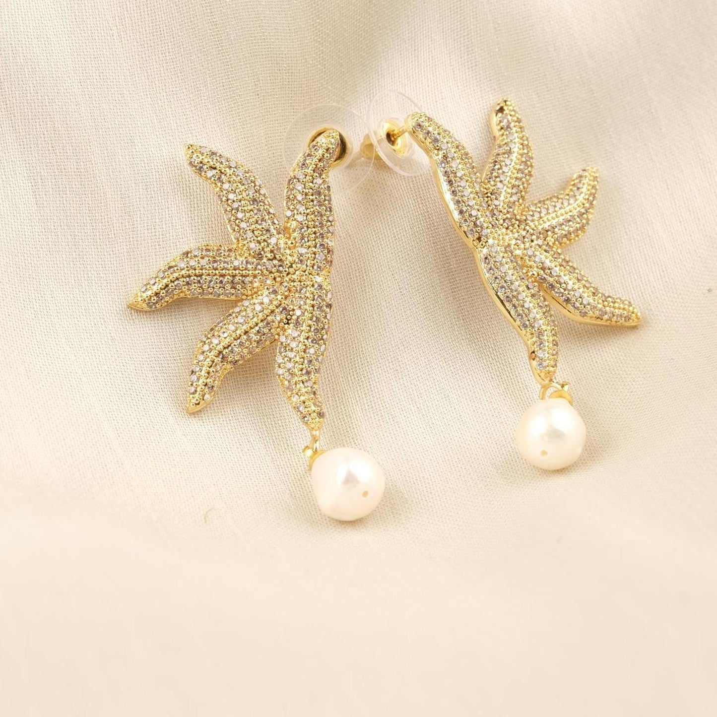 Handmade Real Pearl & Starfish Stud Earrings with Genuine Freshwater Pearl, Light Artistic Ocean-Inspired Design, Elegant Marine Style Gift