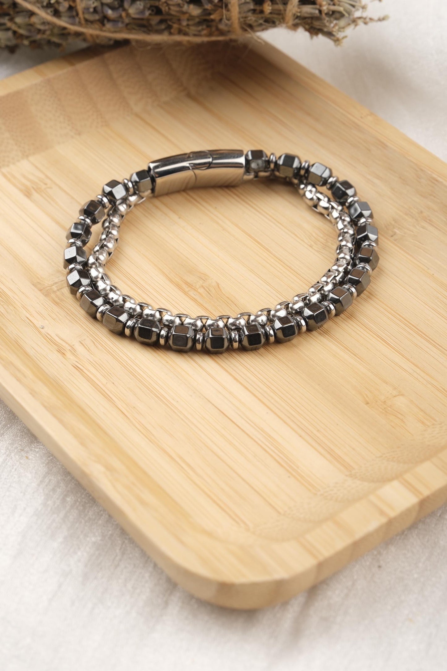 Silver Modern Masculinity, Black and Silver Hematite Bracelet for Men, Gemstone Wristband, Minimalist Gift for Him
