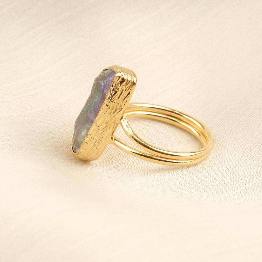 Handmade Black Genuine Pearl Statement, Antique Looking & Vintage Style Gold Plated Ring With Sculptural Artistic Abstract Design For Women