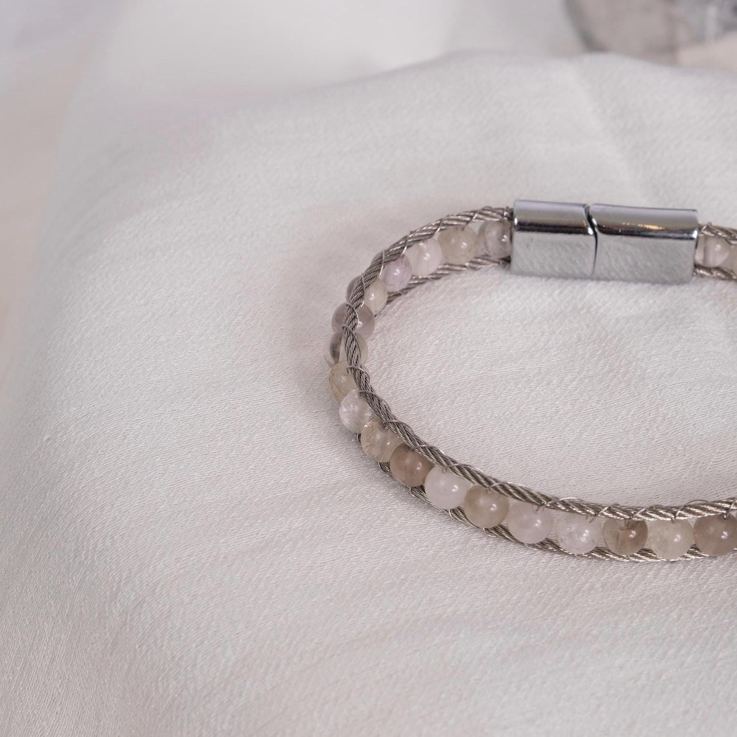 Silver & White Gemstone Wrapped Men's Bracelet in Silver 22cm Genuine Leather , Gemstone, Durable, Stylish Gift for Him