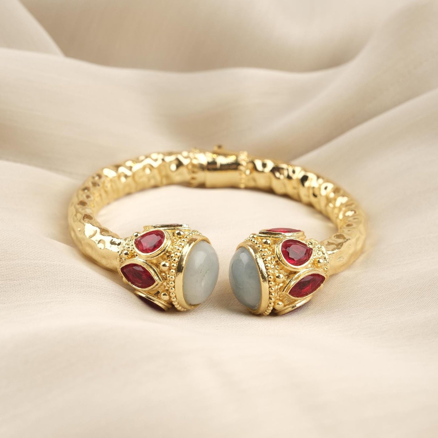 Stone of Courage | Handmade Aquamarine Bracelet with Ruby Red Accents, Inspired Design, Antique Looking and Vintage Style Gold Plated Bangle