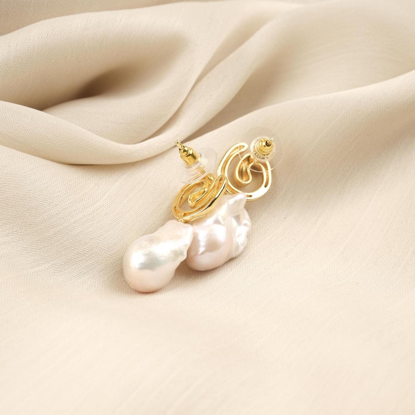 Handmade Genuine Pearl Abstract Modern Earrings, Artistic Gold Plated Studs, Unique Organic Baroque Design For Elegant Statement Style