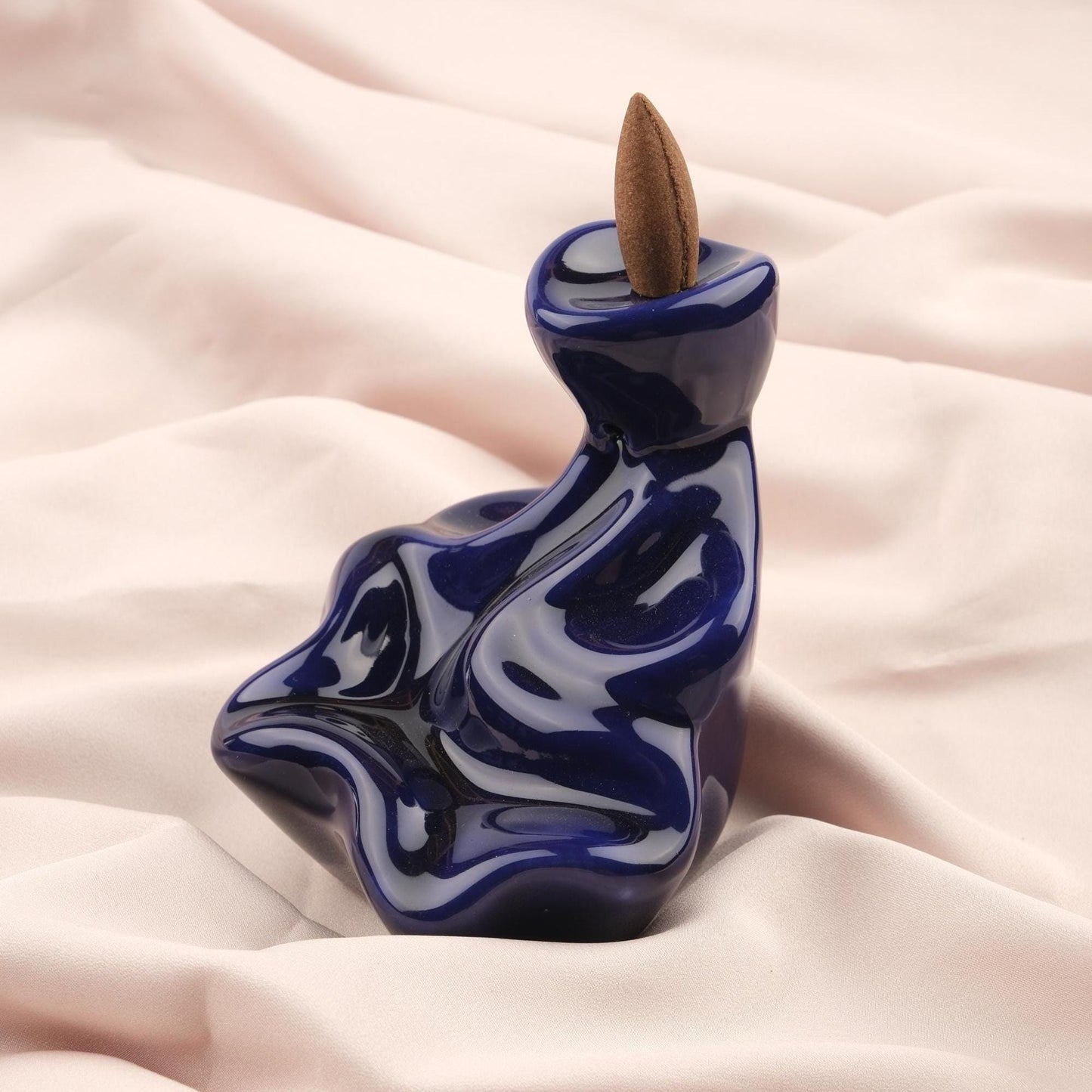 Abstract Backflow Incense Burner | 14 cm / 5.5 in | Modern Resin Smoke Fountain, Minimalist Spiritual Decor, Meditation Gift, Navy Blue