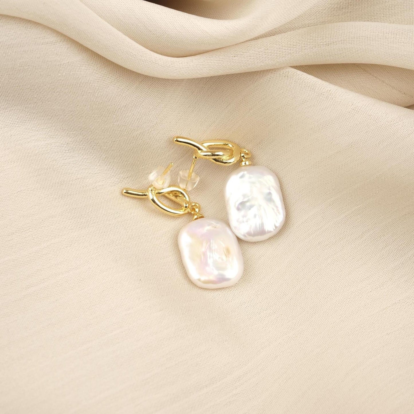 Handmade Genuine Pearl Tie Style Studs, Gold Plated Twisted Detail Earrings, Elegant Minimalist Jewelry For Women, Modern Freshwater Charm