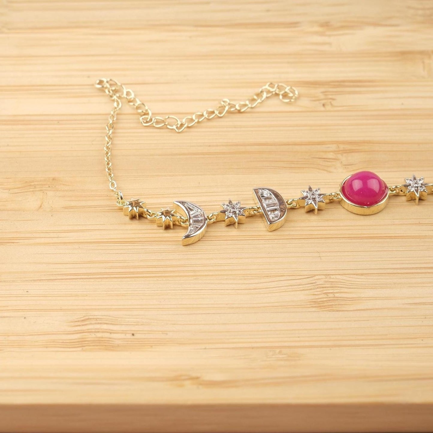 Pink Moon & Star Charm Bracelet for Women, Gold Celestial Jewelry with Soft Pink Accent Stone, Romantic Gift for Her, 22cm / 8.66in