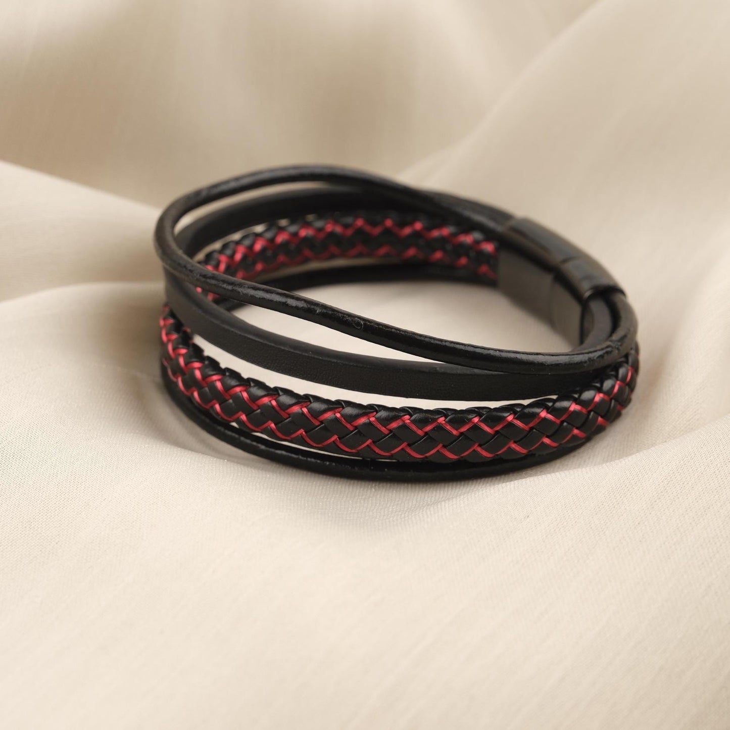 Black Leather Titanium Lock Men's Bracelet – 22cm Bold Design with Red Stitching and Gold Accent
