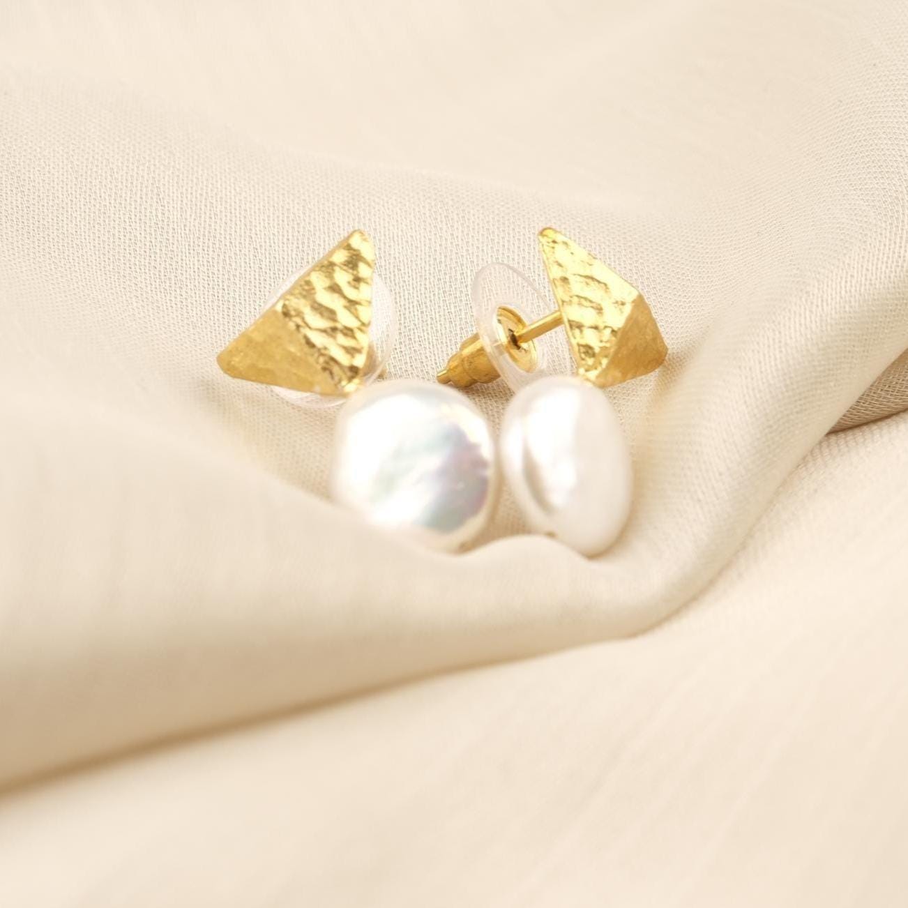 Handmade Genuine Pearl Stud Earrings, Pyramid Style Textured Gold Plated Design, Minimalist Chic Jewelry for Women, Artistic Modern Look