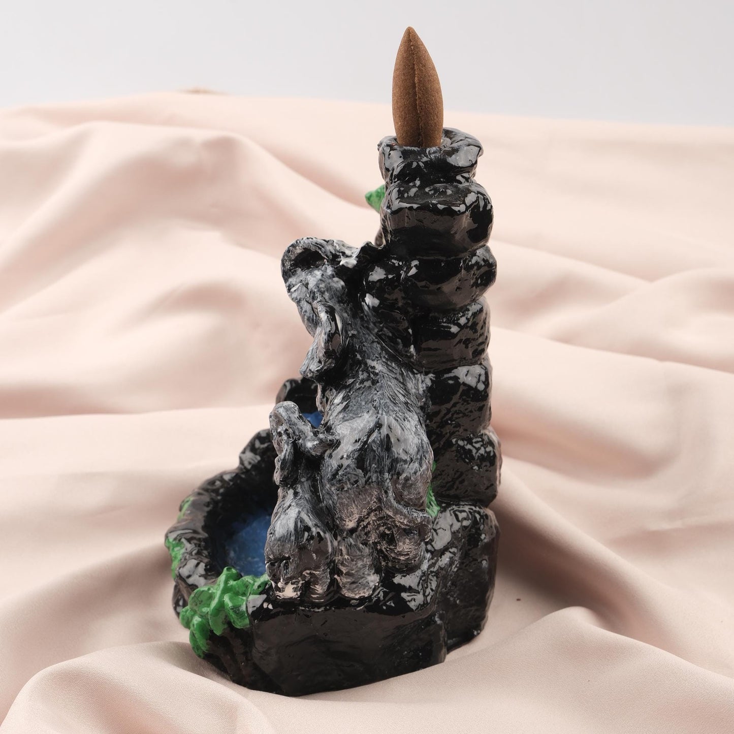 Mini Island with Elephant Waterfall Backflow Incense Burner, 17 cm / 6.7 in | Nature-Inspired Resin Smoke Fountain, Meditation Gift
