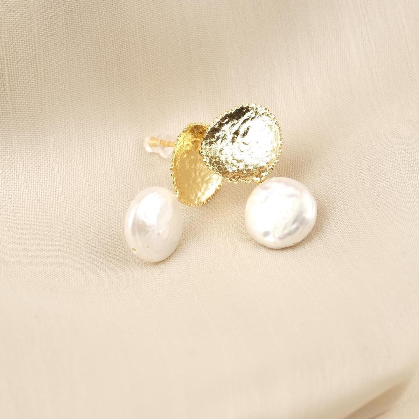 Handmade Gold Plated Stud Earrings with Genuine Freshwater Pearl, Antique Looking Dome Design, Elegant Artistic Minimal Jewelry Gift for her