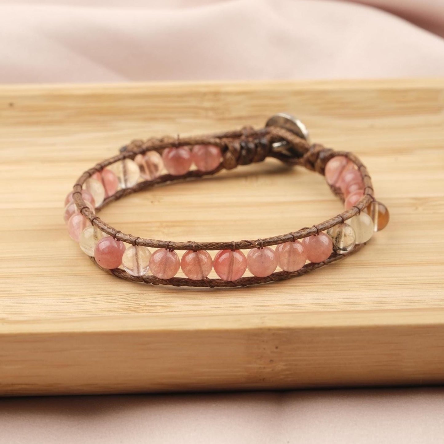 Stone of Love, Quartz & Leather Wrap Bracelet for Men, Adjustable Rose Quartz-Style Beaded Wristband, Gift for Him, 21cm / 8.26in