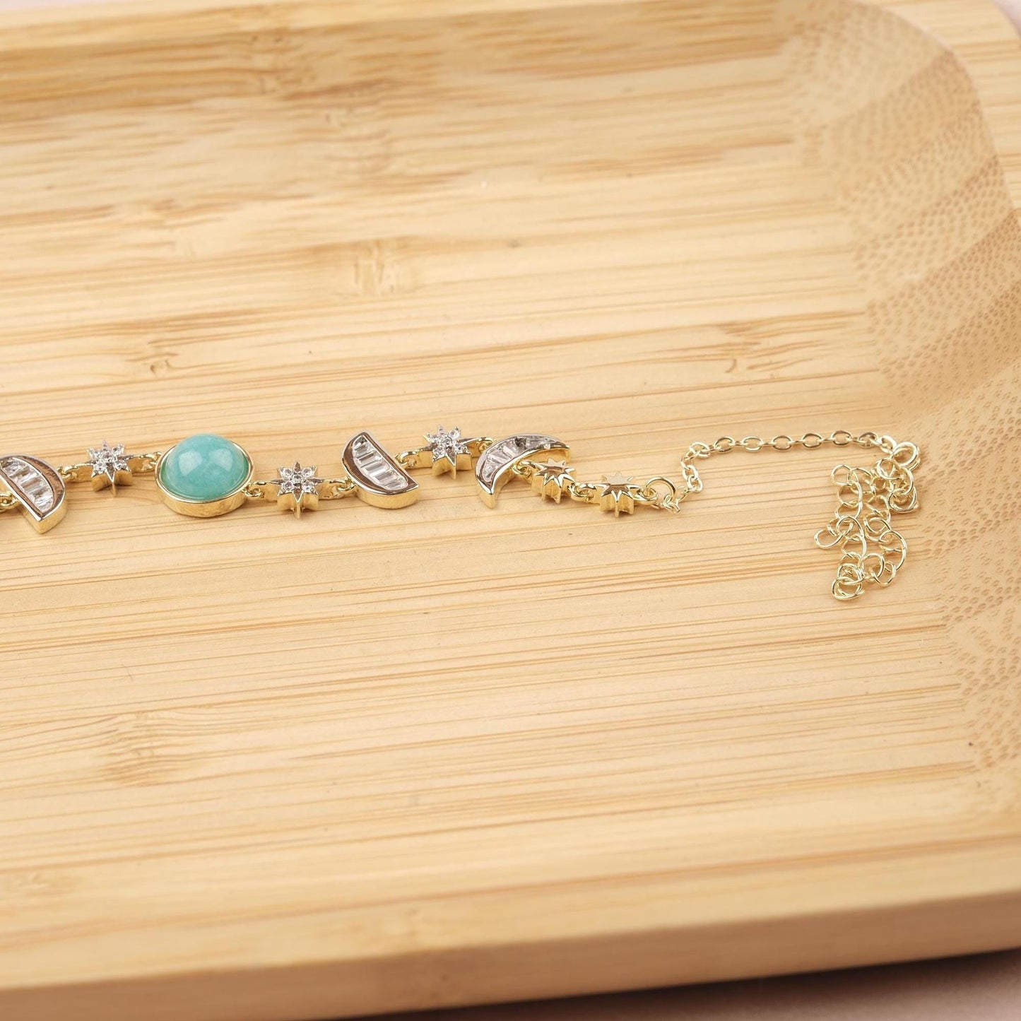 Celestial Moon & Star Bracelet for Women, Gold Charm Bracelet with Sky Blue Stone, Dainty Astrology Jewelry Gift for Her, 22cm / 8.66in