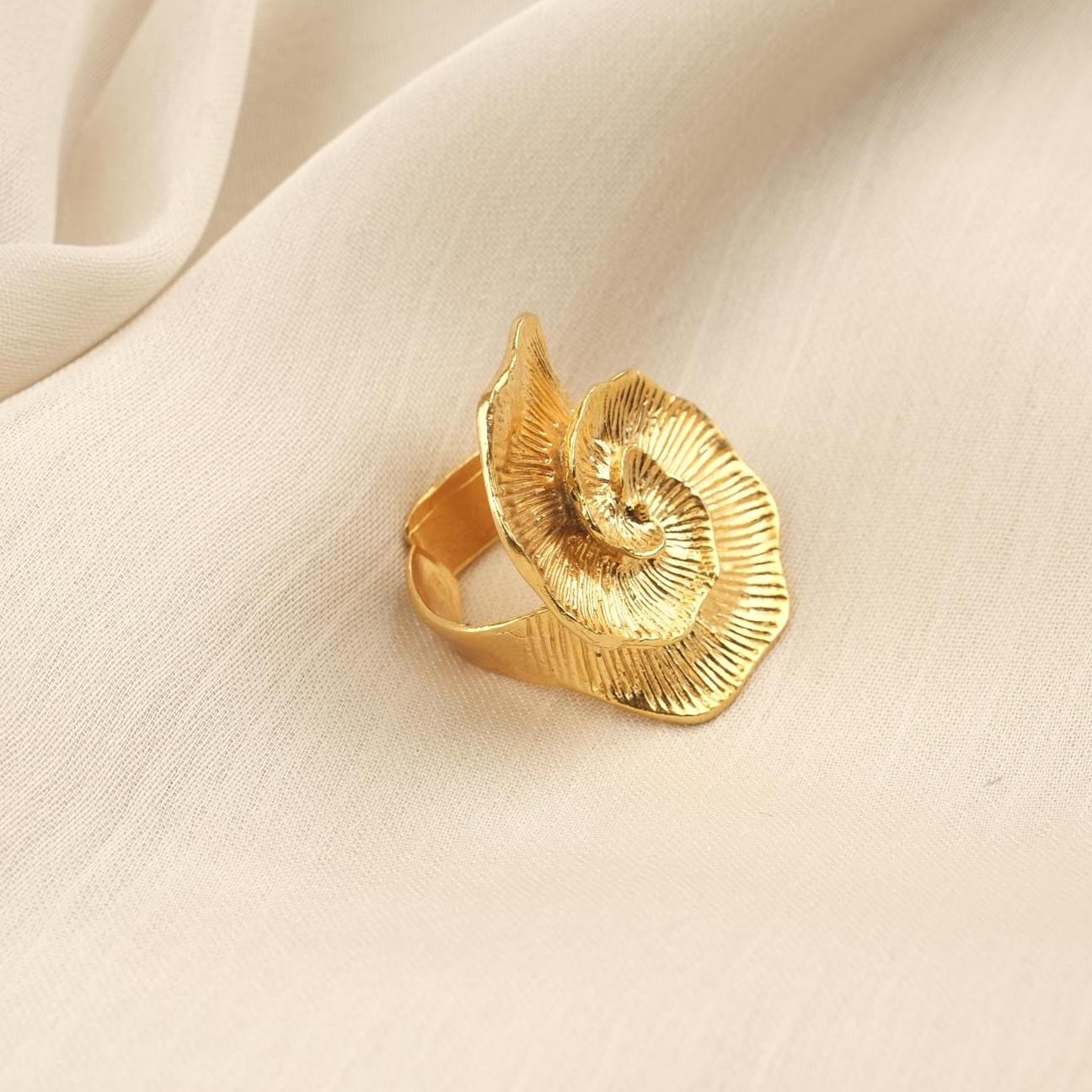 Feel the Movement, Handmade Spiral Bloom Ring, Vintage Style Floral Design, Antique Looking Textured Petal Statement Band | Gold Plated Gift