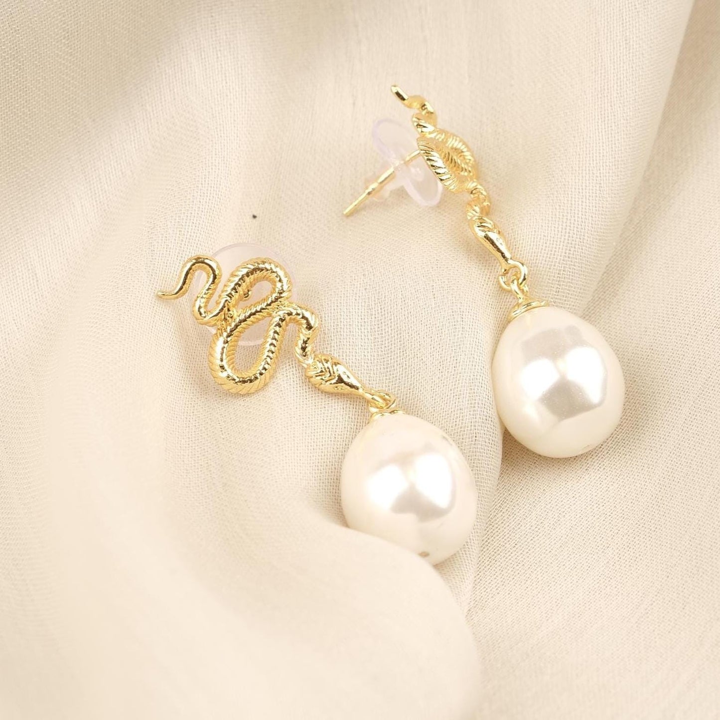 Handmade Pearl Snake Stud Earrings, Gold Plate Serpent Design with Faux Pearl Drop, Statement Earrings, Artistic & Antique Looking Style