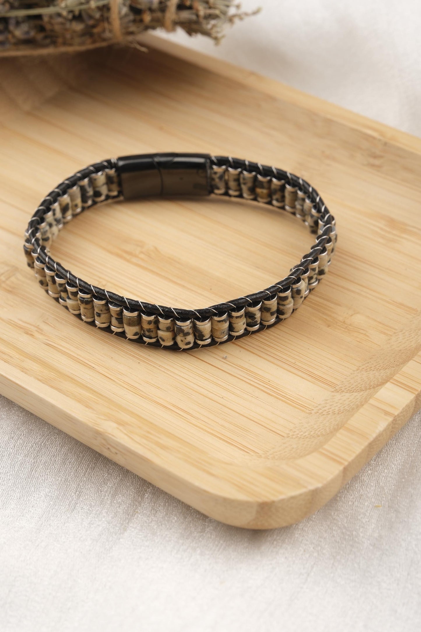 Stone of Joy, Dalmatian Jasper Leather Bracelet for Men, Genuine Gemstone Wristband, Unique Gift for Him or Boyfriend, 8cm, 4in