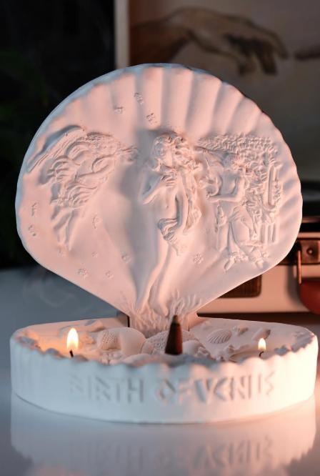 Birth of Venus Cone Incense Burner with Candle Holder, Mythological Concrete Decor for Aromatherapy, Ritual, and Romantic Spiritual Ambience