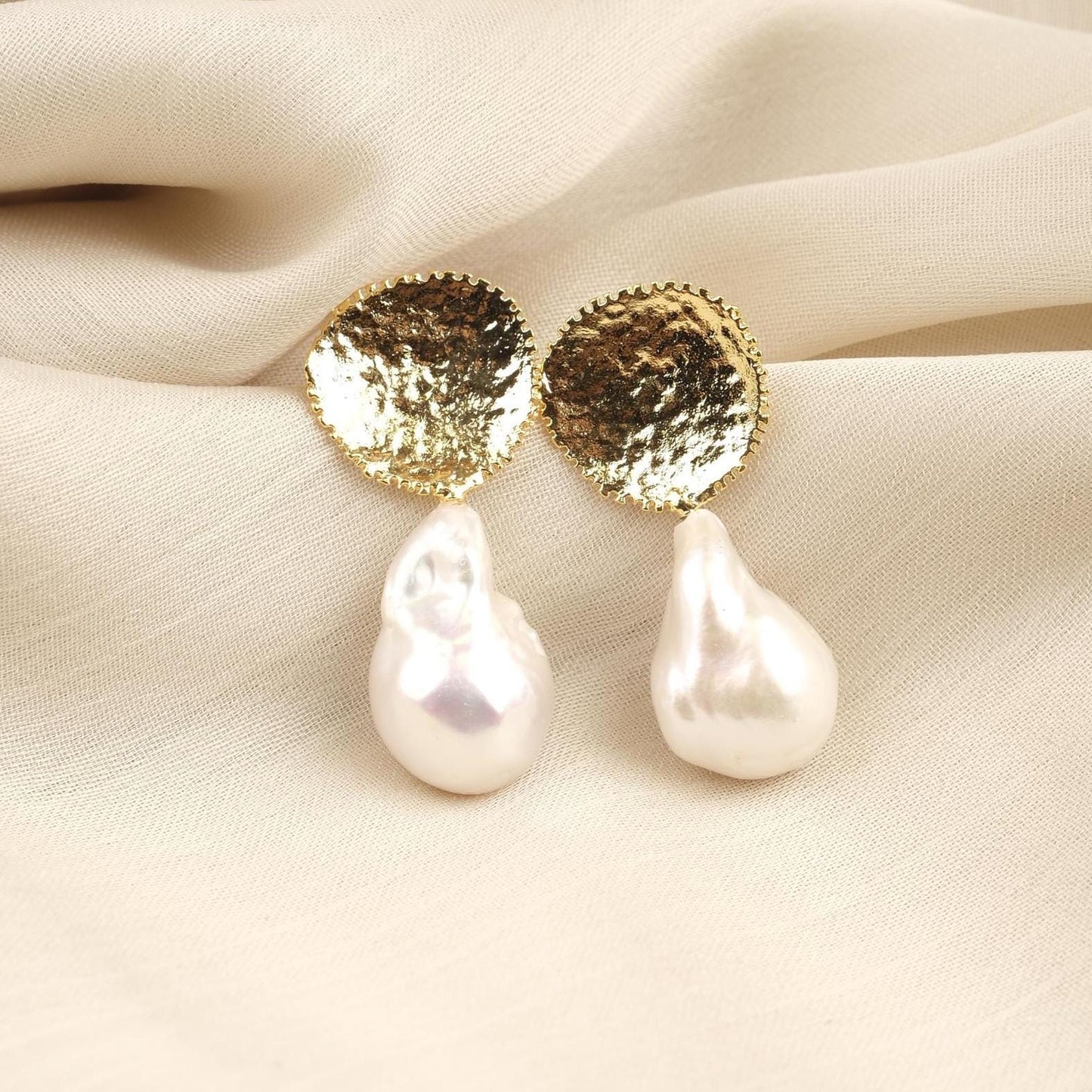 Handmade Genuine Baroque Pearls, Gold Plated Earrings With Antique Looking Design, Vintage Style Statement Studs With Organic Gemstone Charm