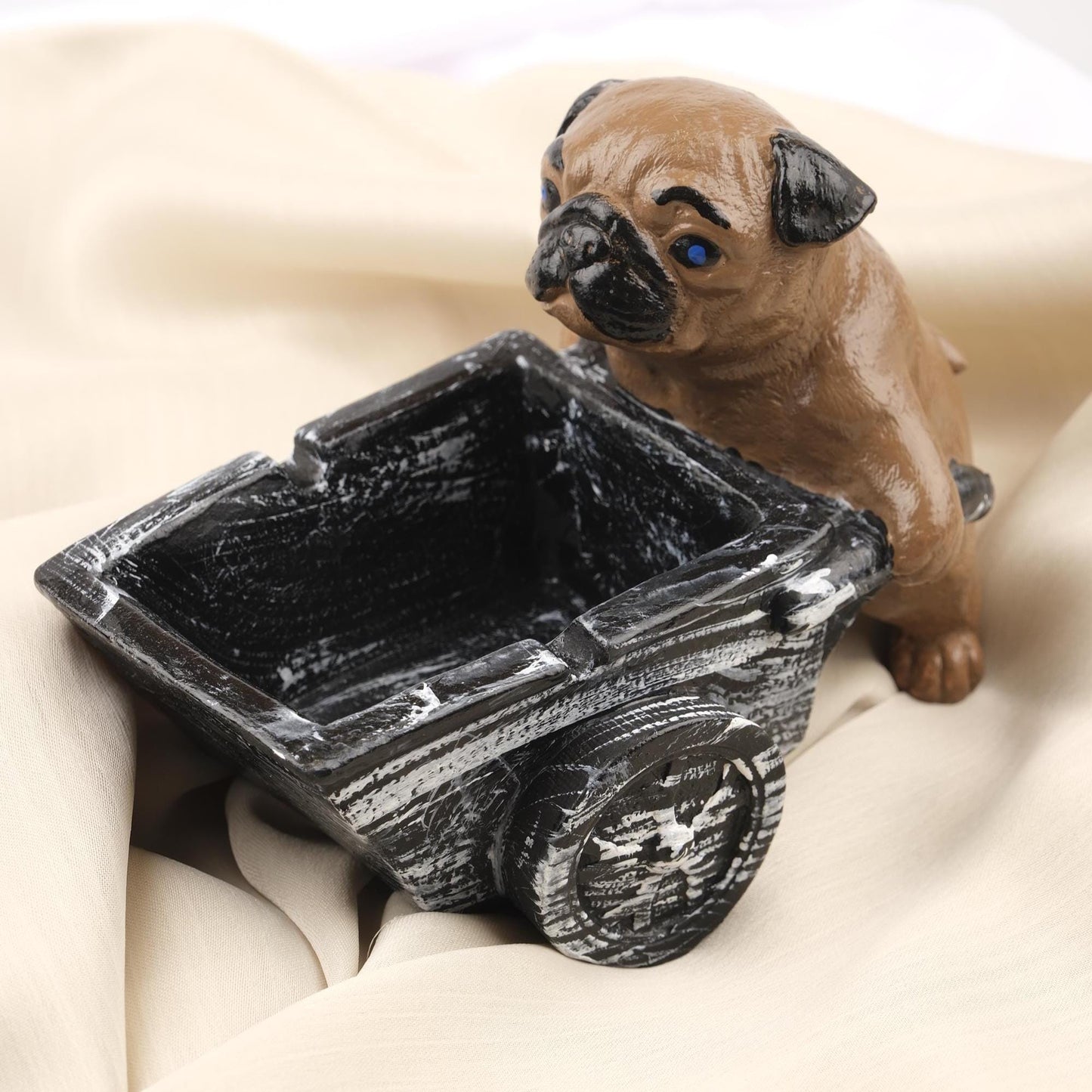 Green Pug Dog Ashtray in Wheelbarrow Cart, Cute Animal Smoking Tray, Handcrafted Dog Lover Gift Whimsical and Functional Decor, 16x9x12cm