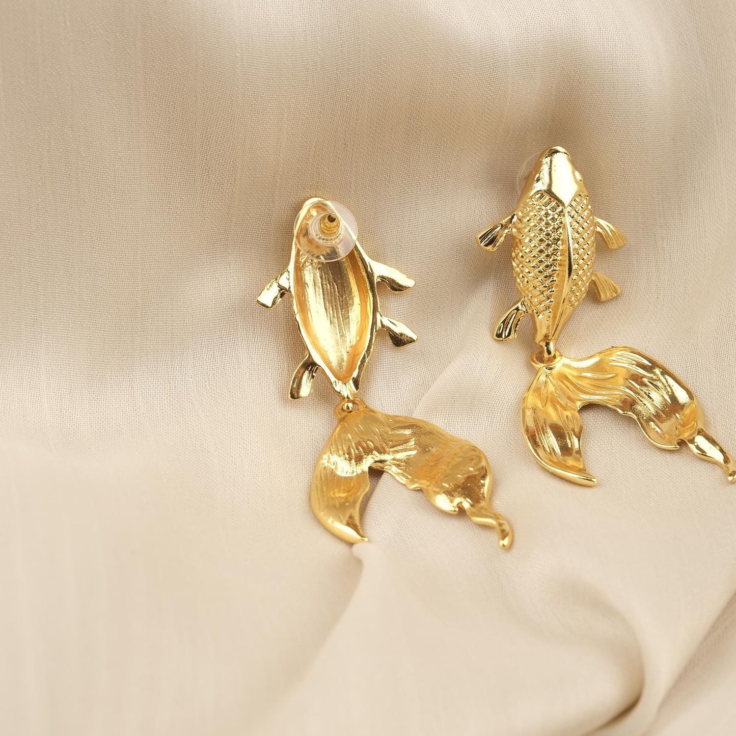 Handmade Gold Plated Koi Fish Stud Earrings, Elegant Symbolic Design with Flowing Tail, Artistic and Antique Looking Statement Jewelry Piece