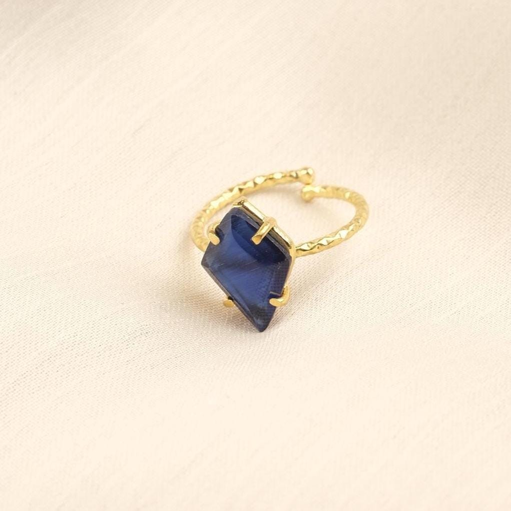 Handmade Minimalist Aquamarine Gemstone Ring, Diamond Inspired, Antique Looking And Vintage Style Gold Plated Ring With Subtle Sparkle