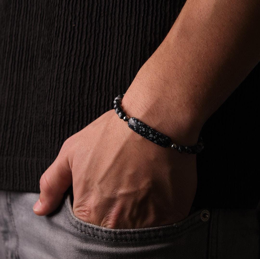 Black and White Gemstone Bracelet – Adjustable 20-26 cm – Strong & Durable, and Stylish | Great Gift for Him | Everyday Modern Jewelry