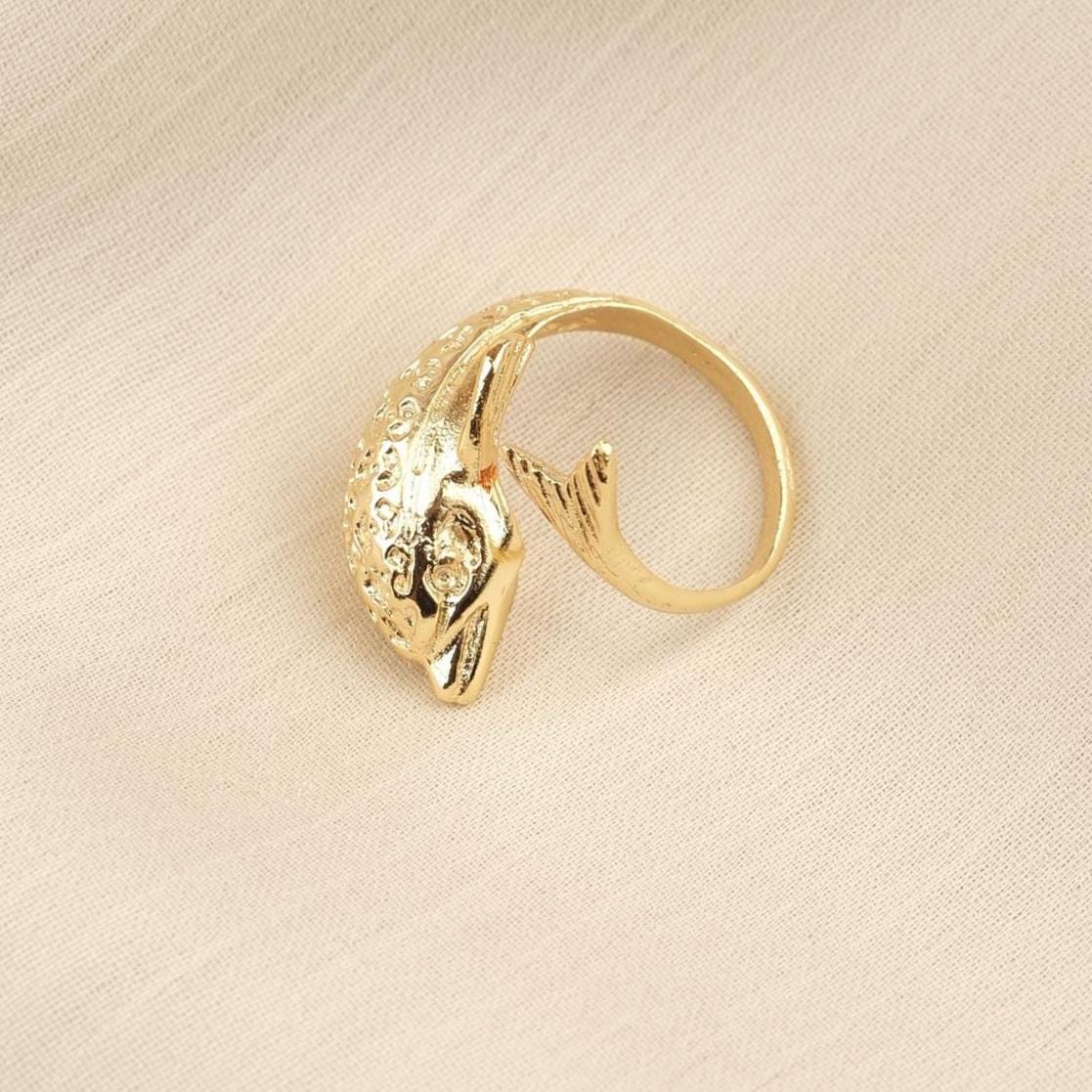 Handmade Dolphin Antique Looking Vintage Style Adjustable Ring, Gold Plated Dolphin Design, Playful Ocean Inspired Animal Statement Jewelry