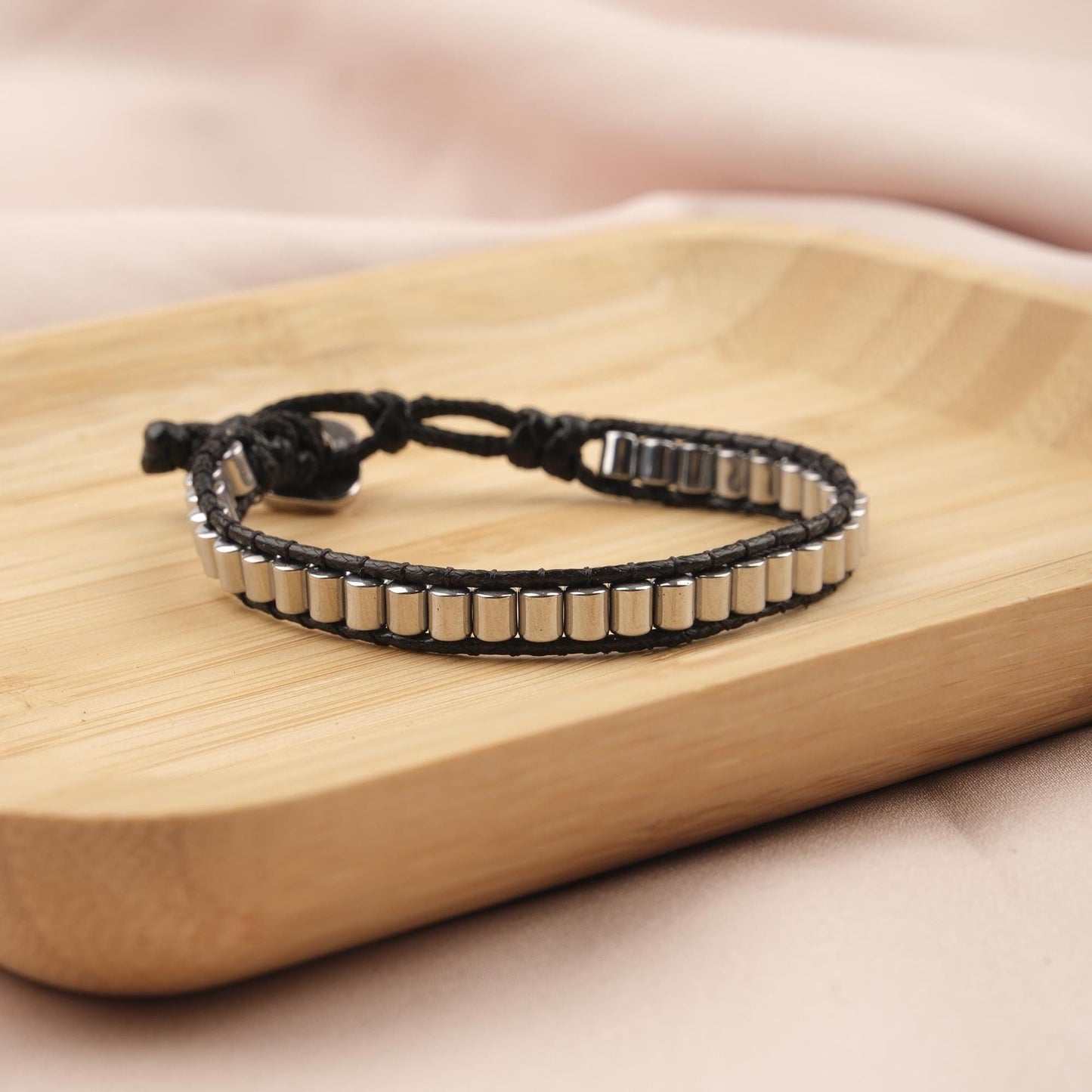 Stone of Grounding, Hematite & Leather Bracelet for Men, Dark Grey Crystal Bracelet Gift, Minimalist Wristband, 21cm / 8.26in