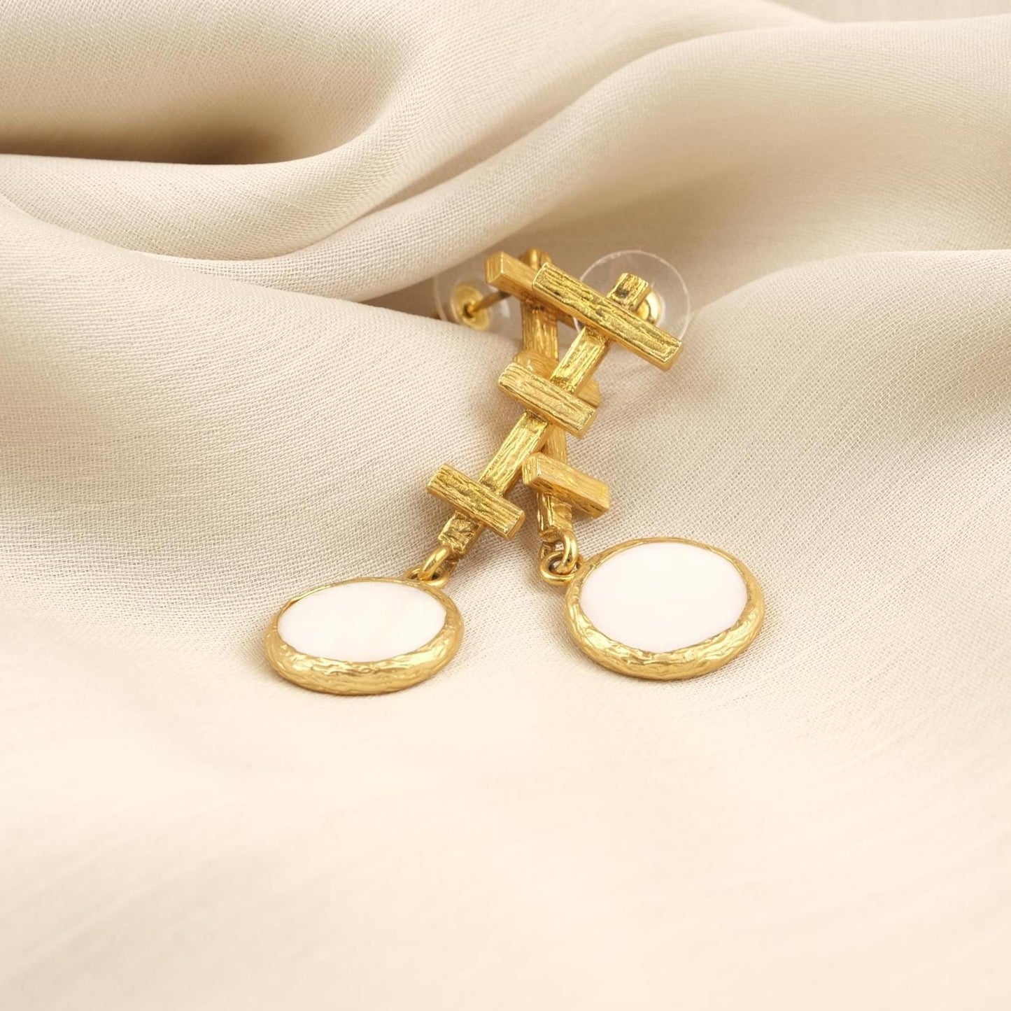 Handmade Artistic Stud Earrings With Genuine Pearl Discs, Gold Plated Abstract Design, Elegant Modern Jewelry With Vintage Style Charm Gift