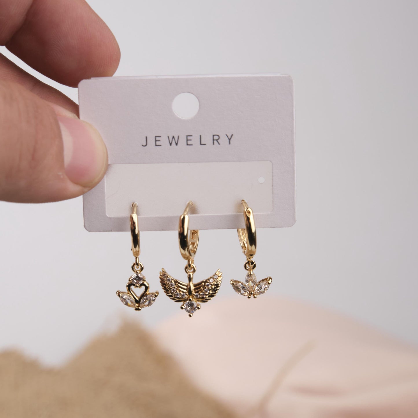 Gold Swan, Fairy And Flower Hoop Earrings, Dreamy Minimalist Jewelry For Women, Hypoallergenic Design, Made In Brass