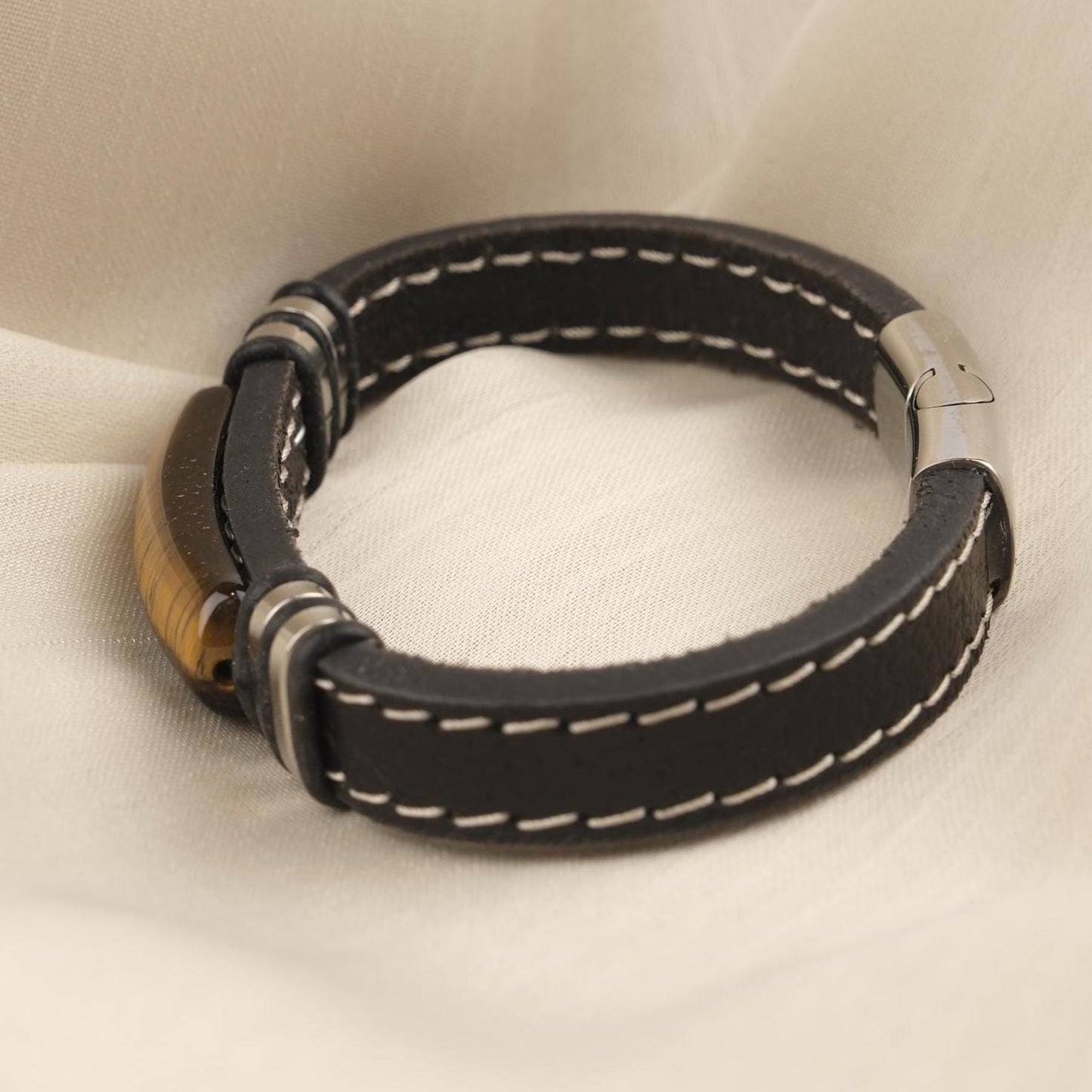 Handmade Tiger’s Eye and Ox Leather Men’s Bracelet, Bold and Classy Design with Titanium Lock, Natural Gemstone Jewelry | 22 cm (8.66 in)