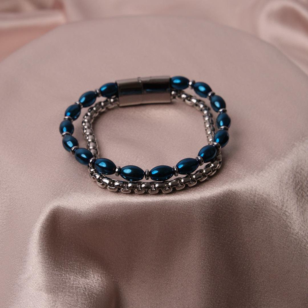 Half Blue Stone & Half Silver Stainless Steel Bracelet –Thick Chain Design for Men | Durable Wristwear | Bold Statement Piece | Gift for Him