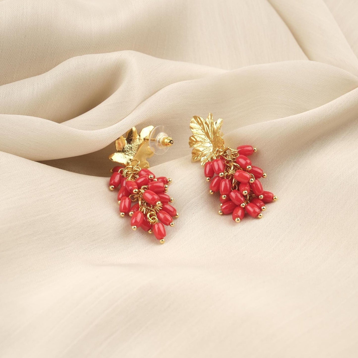 Handmade Genuine Coral Grape Earrings , October Birthstone, Exotic Nature Inspired Studs, Elegant And Artistic Statement Jewelry Design Gift