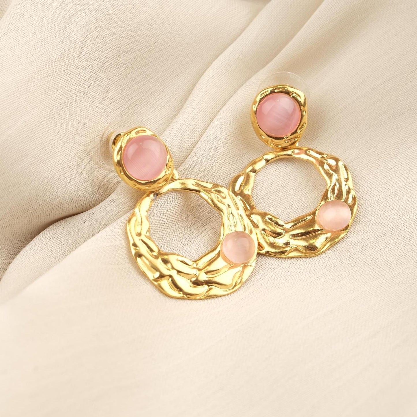 Handmade Gold Plated Stud Earrings with Rose Quartz Gemstones, Artistic Drop Design, Vintage Style Elegant Gift, Unique Statement Jewelry