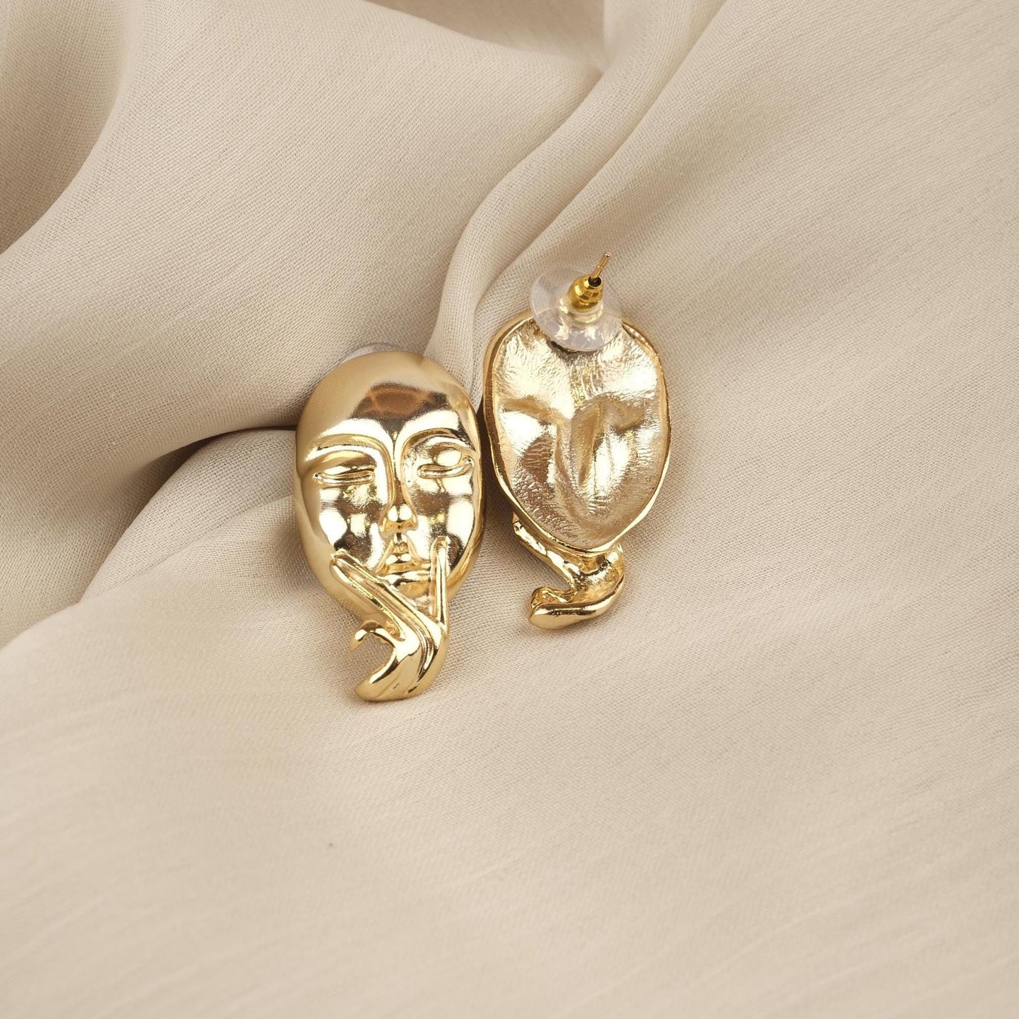 Handmade Artistic Woman Face Stud Earrings, Gold Plated Abstract Design, Statement Feminine Jewelry, Unique Gift with Vintage Style Flair