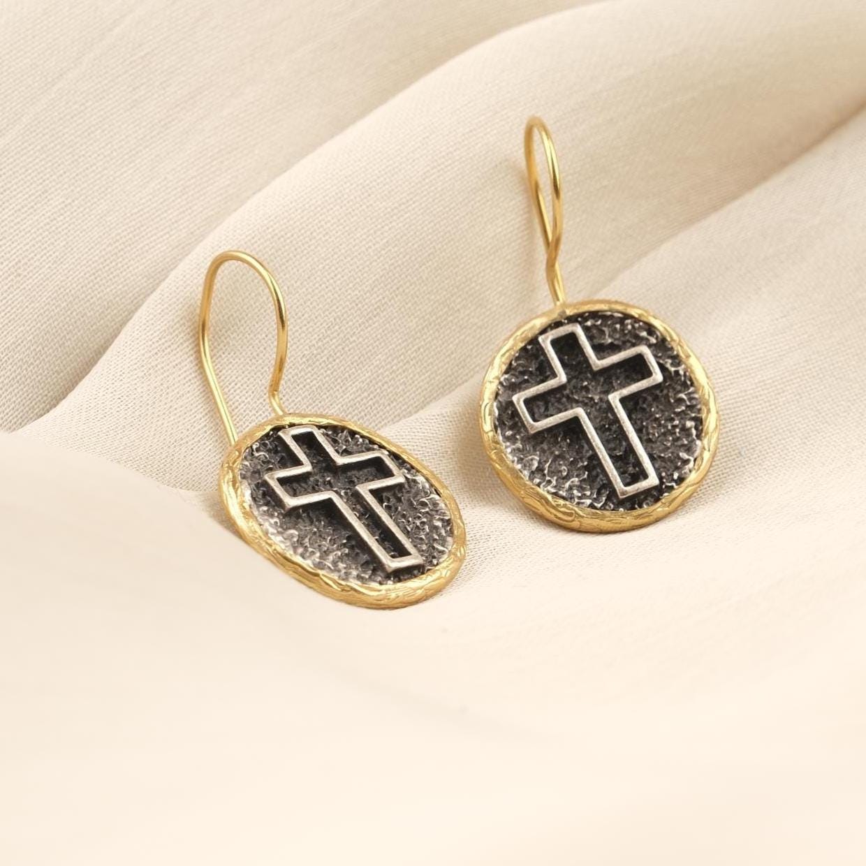 Handmade Gold Plated Cross Dangle Earrings, Textured Round Drop Design with Antique Looking Finish, Faith Inspired Elegant Gift for Her