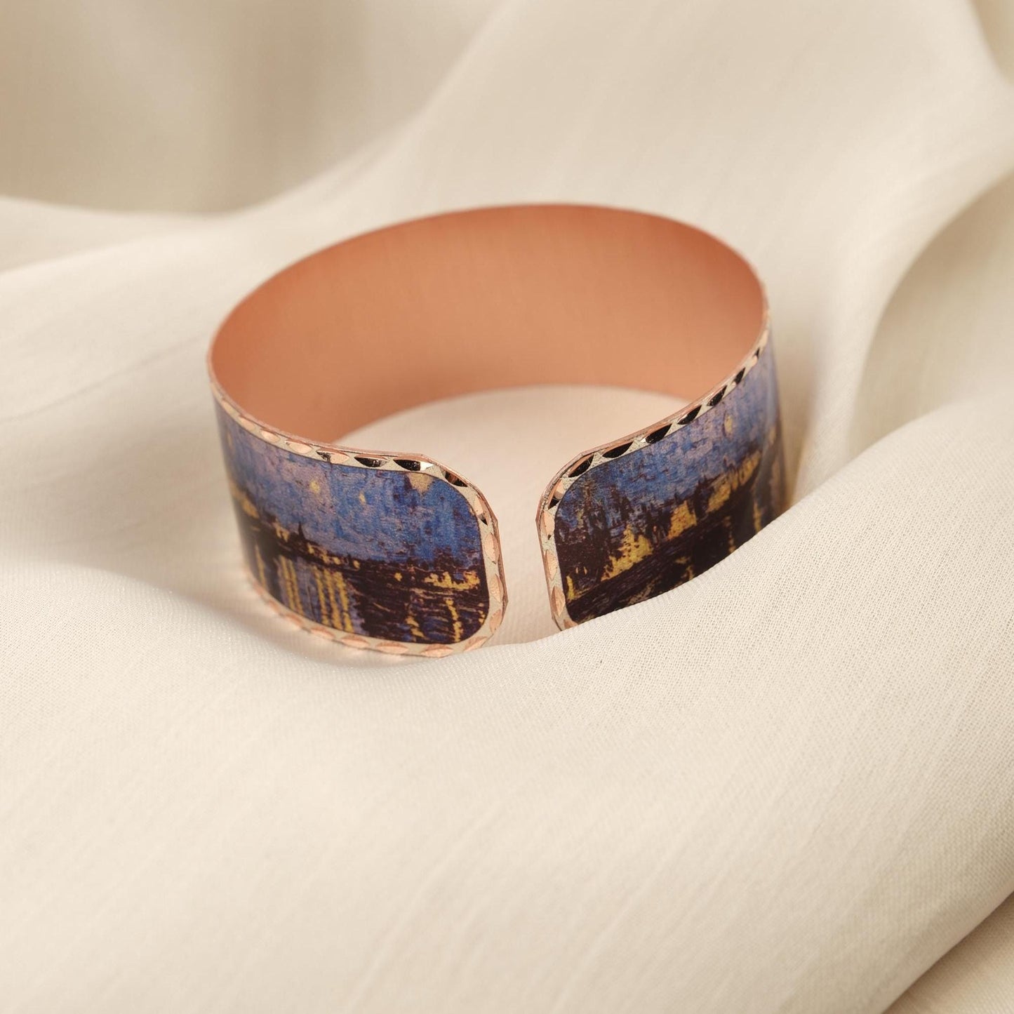 Vincent Van Gogh "Starry Night Over the Rhône" Bracelet, Pure Copper, Handmade Adjustable Artistic Cuff, Antique Looking Vintage Style Gift