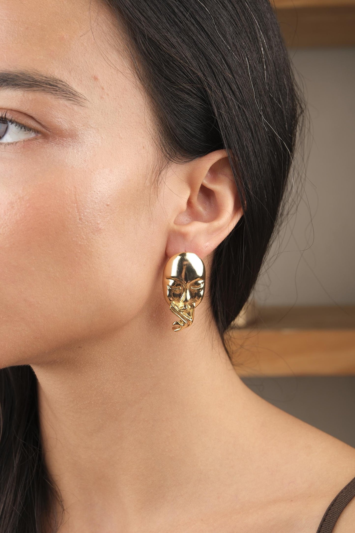 Handmade Artistic Woman Face Stud Earrings, Gold Plated Abstract Design, Statement Feminine Jewelry, Unique Gift with Vintage Style Flair