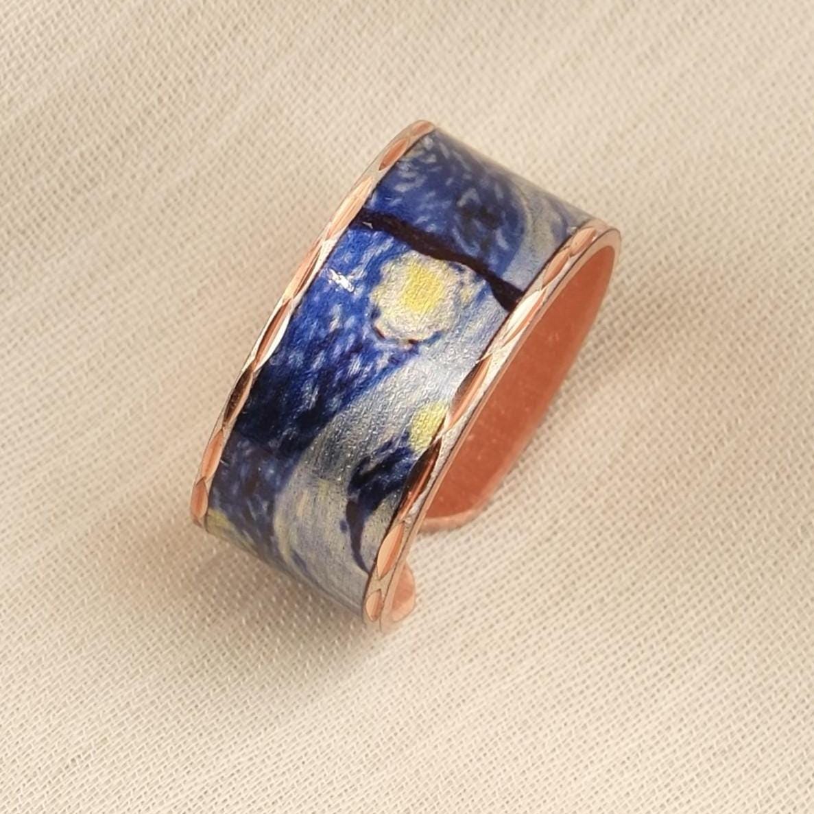 Vincent van Gogh “The Starry Night” Ring in Pure Copper, Adjustable Artistic Design | Handmade Antique Looking Vintage Style Statement Gift