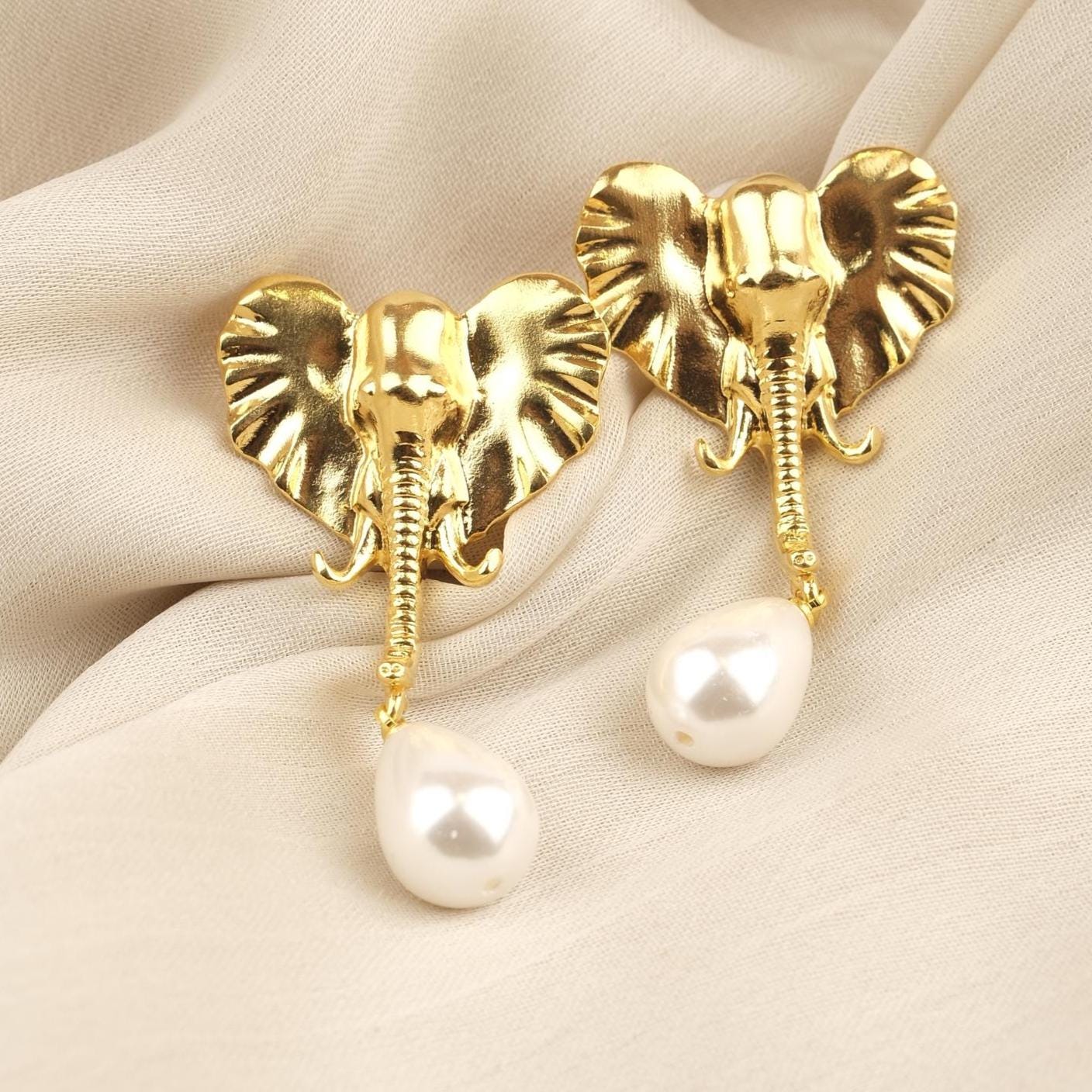 Handmade Gold Elephant Stud Earrings with Teardrop Faux Pearl, Cute Animal Design Jewelry, Playful and Elegant Antique Looking Gift Idea