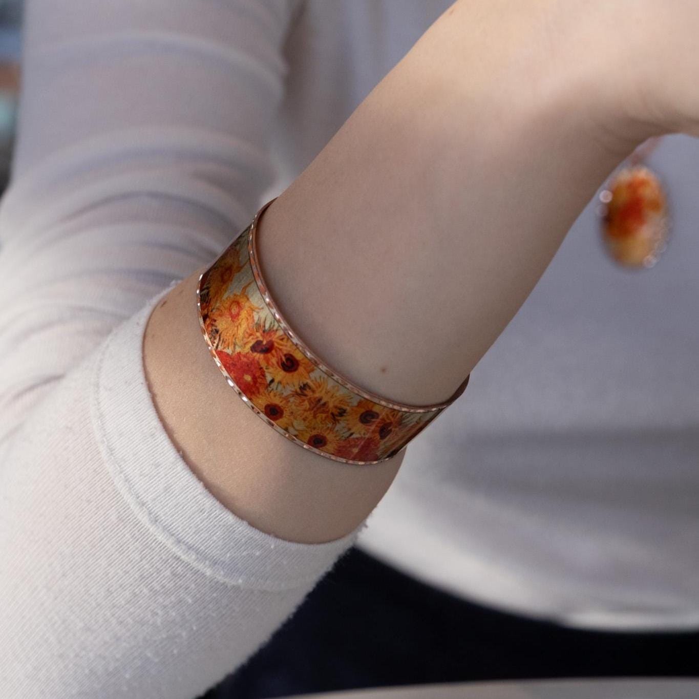 Vincent Van Gogh "Vase with Fifteen Sunflowers" Bracelet in Pure Copper, Handmade Adjustable Bangles | Antique Looking Vintage Style Gift
