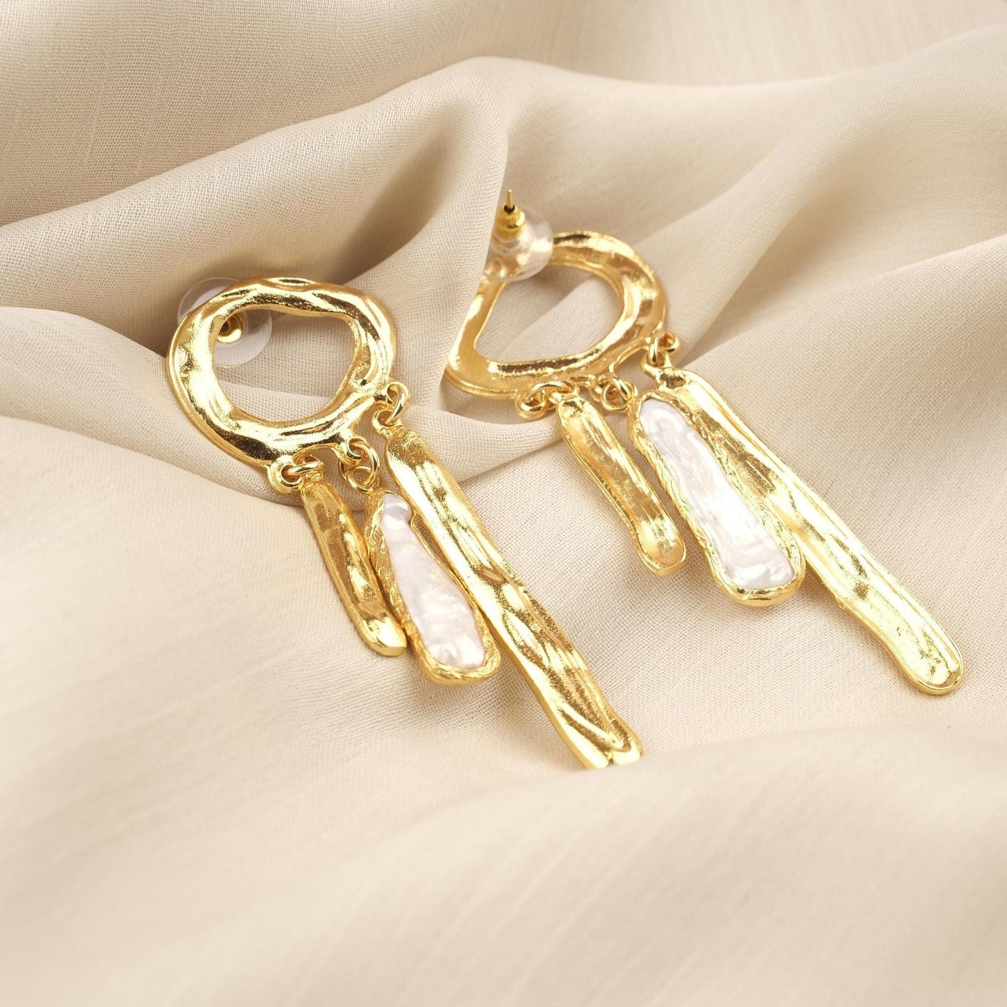 Handmade Genuine Pearl Artistic Earrings, Modern Abstract Design With Gold Plated Studs, Bold Baroque Statement Style For Unique Look Gift